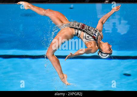 Paris, France. 05 août 2024. Athlète de l'équipe France participe à la finale technique de l'équipe de natation artistique lors des Jeux Olympiques de Paris 2024 au Centre aquatique de Paris (France), le 05 août 2024. Crédit : Insidefoto di andrea staccioli/Alamy Live News Banque D'Images