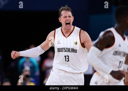 Paris, France. 06 août 2024. L'attaquant allemand Moritz Wagner (13 ans) réagit lors des quarts de finale de basket-ball de MenÕs entre l'Allemagne et la Grèce lors des Jeux olympiques de 2024 à Paris, France, le 6 août 2024. Photo de Peter Dovgan. Utilisation éditoriale uniquement, licence requise pour une utilisation commerciale. Aucune utilisation dans les Paris, les jeux ou les publications d'un club/ligue/joueur. Crédit : UK Sports pics Ltd/Alamy Live News Banque D'Images