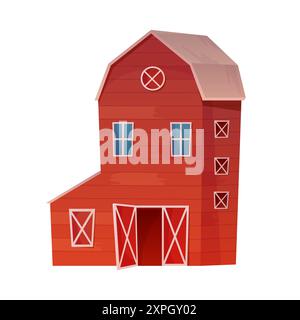 Grange en bois de ferme rouge avec porte ouverte, foin et illustration vectorielle de bâtiment de stockage de silo Illustration de Vecteur