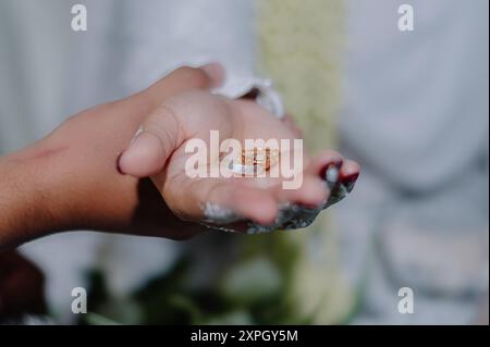 Bague de mariage sur la paume de la mariée, prise à l'aide d'une macro ou d'une technique de photo de gros plan Banque D'Images