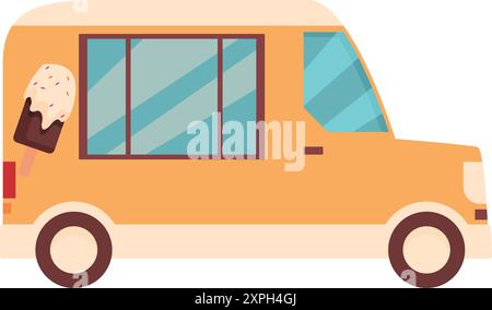 Camion de crème glacée de dessin animé conduisant à droite avec une grande fenêtre sur un fond blanc Illustration de Vecteur