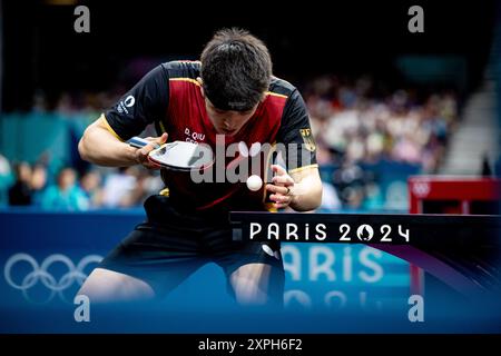 Dang Qiu mit Timo Boll (GER) m Doppel gegen HAZIN Jeremy und WANG Eugene (CAN) FRA, Olympische Spiele Paris 2024, Tischtennis, 05.08.2024 Eibner Pressefoto/Benjamin Lau Banque D'Images