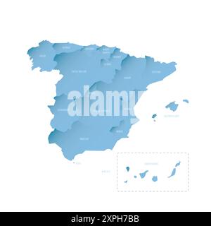 Espagne carte politique des divisions administratives - communautés autonomes et villes autonomes de Ceuta et Melilla. Carte vectorielle ombrée avec dégradé bleu 3D et étiquettes de nom Illustration de Vecteur