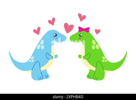 Mignon couple dinosaures avec des coeurs. Illustration de concept d'amour isolé Illustration de Vecteur