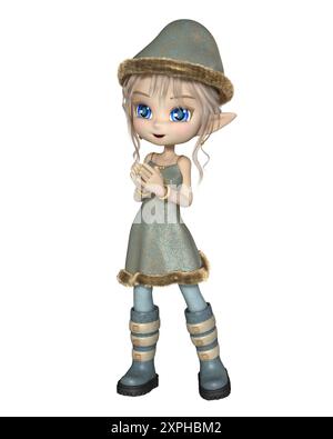 Mignon Toon Christmas Elf Girl dans une robe bleue et chapeau Banque D'Images