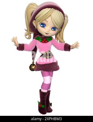 Mignon Toon Christmas Elf Girl en rose Banque D'Images