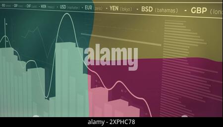 Image des taux de change sur les cartes et graphiques de données financières et drapeau bénin Banque D'Images