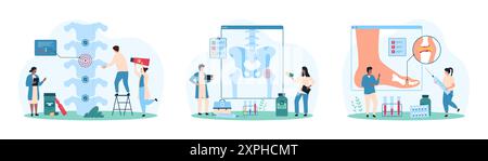 Maladies chroniques des os et des ligaments, diagnostic orthopédique et kit de traitement. Les personnes minuscules examinent xray du squelette des patients, de l'articulation de la hanche et de la colonne vertébrale, de la cheville avec l'illustration vectorielle de dessin animé d'inflammation Illustration de Vecteur