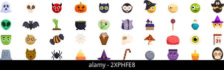 Jeu d'icônes emoji d'Halloween. Cet ensemble vibrant d'icônes capture l'esprit effrayant d'halloween avec sa représentation de symboles et de personnages traditionnels Illustration de Vecteur