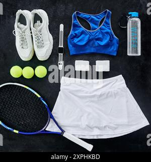 Vue de dessus, vêtements de fitness et équipement de tennis, chaussures et montre intelligente sur fond noir plat. Ci-dessus, des outils et raquette de sport, des balles et de l'eau Banque D'Images