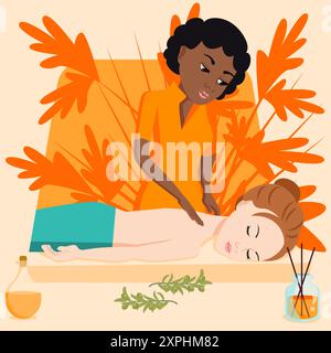 Massage suédois avec massothérapeute professionnel au spa. Ethnie africaine et européenne. Illustration vectorielle plate isolée. Illustration de Vecteur