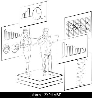 Homme et femme recherchant des informations à partir de rapports et d'enquêtes. Concept commercial. Esquisse. Illustration vectorielle. Illustration de Vecteur