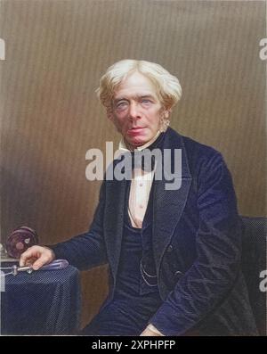 Michael Faraday (1791-1867) anglais Chemiker und Physiker. 1813 Wurde er Laborassistent von Humphry Davy an der Royal institution à Londres. 1833 Wurde er Davys Nachfolger als Professor für Chemie am Royal Institute of Science. Kupferstich., Historisch, digital restaurierte Reproduktion von einer Vorlage aus dem 19. Jahrhundert, date du dossier non précisée Banque D'Images