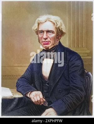 Michael Faraday (1791-1867) anglais Chemiker und Physiker. 1813 Wurde er Laborassistent von Humphry Davy an der Royal institution à Londres. 1833 Wurde er Davys Nachfolger als Professor für Chemie am RI. AUS James Sheridan Muspratt Chemistry (Londo, Historisch, digital restaurierte Reproduktion von einer Vorlage aus dem 19. Jahrhundert, date du dossier non précisée Banque D'Images