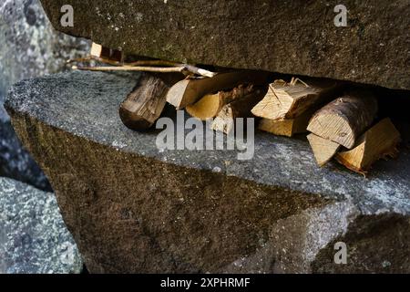 Bois de chauffage empilé sous un gros rocher dans une forêt, gros plan Banque D'Images