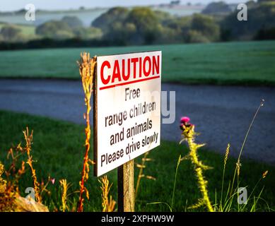 Signe drôle dans une voie de campagne à Cornwall, Angleterre, Royaume-Uni. Enfants en plein air ! Banque D'Images