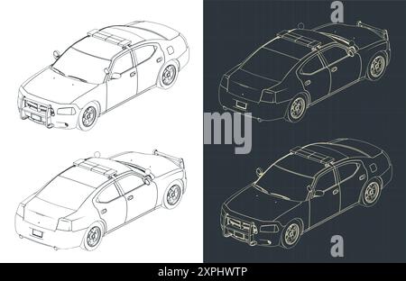 Illustrations vectorielles stylisées de dessins techniques isométriques d'une voiture de police Illustration de Vecteur