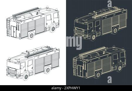 Illustrations vectorielles stylisées de dessins techniques isométriques d'un camion de pompiers Illustration de Vecteur