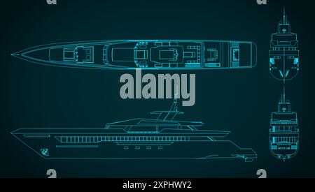 Illustrations vectorielles stylisées de dessins techniques de superyacht Illustration de Vecteur