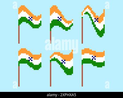 Ensemble d'icônes de drapeau de pixel de l'Inde. Agitant le drapeau de l'Inde dans le style graphique rétro 8 bits des années 80 Design pixel art pour bannières et affiches. Illustration vectorielle Illustration de Vecteur