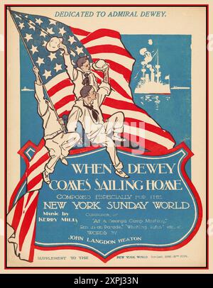 1899 chanson à l'éloge de l'amiral George Dewey. Imprimé comme supplément au New York World, dimanche 18 juin 1899. Paroles de John Langdon Heaton ; musique de Kerry Mills. Titre quand Dewey rentre à la maison titre alternatif, un grand petit homme vient au-dessus de la mer. Date 1899 George Dewey (26 décembre 1837 – 16 janvier 1917) était l'amiral de la Marine, la seule personne dans l'histoire des États-Unis à avoir atteint ce rang. Il est surtout connu pour sa victoire à la bataille de la baie de Manille pendant la guerre hispano-américaine, avec la perte d'un seul membre d'équipage du côté américain Banque D'Images