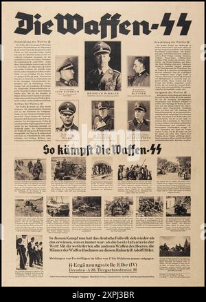 Publication/distribution de LA WAFFEN SS : «VOICI COMMENT LA WAFFEN SS COMBAT» affiche de recrutement allemande de 1941 pour la Waffen SS, avec des photographies d’officiers SS de haut rang et de soldats participant à leurs activités en temps de guerre. La Waffen SS était la division militaire armée de la Schutzstaffel (SS), l'organisation paramilitaire nazie qui était responsable de la sécurité, de la collecte et de l'analyse du renseignement, et de l'application des politiques raciales nazies. Les SS contrôlaient le système des camps de concentration et planifiaient et coordonnaient la solution finale. Banque D'Images