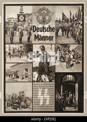 Deutsche Männer German Men 1938 Berlin (Allemagne) affiche de recrutement des SS avec des photos représentant les activités des soldats SS affiche de recrutement pour la Waffen SS avec des photographies de soldats participant à leurs fonctions en temps de guerre. La Waffen SS était la division militaire armée de la Schutzstaffel (SS), l'organisation paramilitaire nazie qui était responsable de la sécurité, de la collecte et de l'analyse du renseignement, et de l'application des politiques raciales nazies. Ils contrôlaient le système des camps de concentration et planifiaient et coordonnaient la solution finale. Deutsche Männer Allemand hommes 1938 Banque D'Images