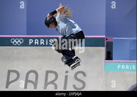 Paris, Fra. 06 août 2024. Ruby Lilley, des États-Unis, participe aux préliminaires de Skateboard féminin sur le site de la Concorde le jour 11 des Jeux Olympiques d'été de 2024 à Paris, France, le 6 août 2024.(photo par Anthony Behar/Sipa USA) crédit : Sipa USA/Alamy Live News Banque D'Images