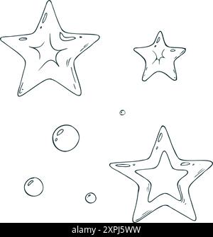 Étoiles d'or, jouets du nouvel an pour la décoration et autres vacances, volumétrique. Le dessin au trait est une illustration simple dessinée à la main à l'encre noire et blanche Illustration de Vecteur