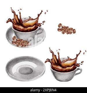 Café aromatique, expresso, latte, americano, avec grains de café, définir des illustrations aquarelles pour le café, le menu du restaurant, les desserts, les ingrédients Banque D'Images