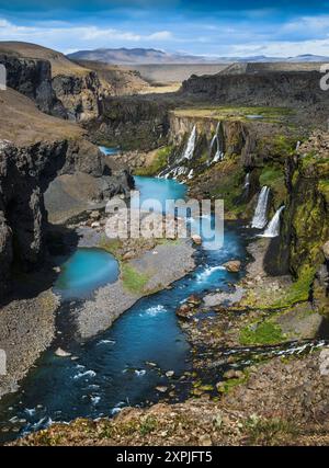 Belle vue sur le canyon de Siglufjörður dans les Highlands islandais en été avec des cascades et un ciel bleu Banque D'Images