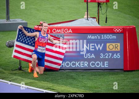 Cole Hocker (USA) Médaille d'Or, Athlétisme, finale du 1500m masculin&#39;s lors des Jeux Olympiques de Paris 2024 le 6 août 2024 au stade de France à Saint-Denis près de Paris Banque D'Images