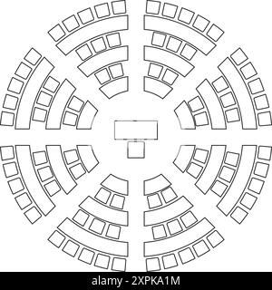 Plan des sièges de l'auditorium en arrangement rond ou amphithéâtre. Disposition schématique des sièges dans le lectorium ou la réunion, la conférence ou le parlement. Bureaux et Illustration de Vecteur
