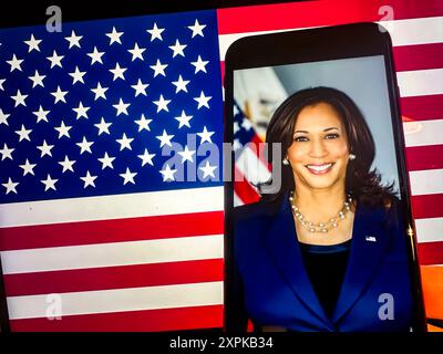 6 août 2024 : illustration photo représentant un portrait officiel de la Maison Blanche du vice-président américain Kamala Harris devant un drapeau américain. Avec la prochaine Convention nationale démocrate à Chicago, Kamala Harris est présentée pour devenir la candidate démocrate à la présidence avec le gouverneur Tim Waltz comme son coéquipier, face à l'ancien président Donald Trump et Sen.J.D. Vance pour le billet républicain. Les enjeux actuels de l'élection de 2024 comprennent des préoccupations économiques, y compris l'inflation et la création d'emplois, l'accès aux soins de santé et l'abordabilité, les politiques d'immigration et la sécurité aux frontières, cli Banque D'Images