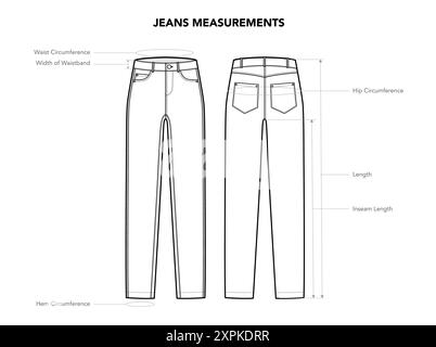 Ensemble de mesure de pantalon de Jean - circonférence, longueur, largeur, taille, taille et hanche styles illustration de mode technique. Vue avant et arrière du modèle de vêtements plats. Femmes, hommes CAD maquette isolé Illustration de Vecteur
