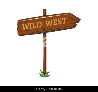 Dessin animé rétro des années 70 années 80 groovy Wild West Western bannière. Vecteur isolé rustique, signe pointeur en bois, avec latte en bois altéré, poteau et typo serif Illustration de Vecteur