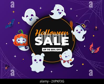 Bannière de vente d'Halloween avec fantômes kawaii mignons drôles et chauve-souris pour la promotion des vacances, vecteur de dessin animé. Rabais de 50 % sur Halloween ou interdiction de vente promotionnelle Illustration de Vecteur