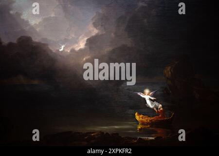The voyage of Life Old Age National Gallery of Art Washington DC // WASHINGTON DC — Un détail en gros plan tiré de 'The voyage of Life : Old Age' (1842) de l'artiste américain Thomas Cole, exposé à la National Gallery of Art. Cette peinture, qui fait partie de la célèbre série en quatre parties de Cole, met en valeur la maîtrise de l'artiste en peinture allégorique de paysage et son rôle en tant que figure de proue dans le mouvement de l'école de la rivière Hudson. Banque D'Images