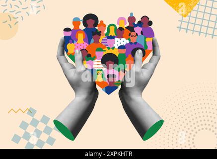 Grand groupe de personnes fait face ensemble faisant l'amour forme de coeur et les mains humaines protégeant. Concept d'équipe d'amis diversifiés, soutien communautaire ou soins sociaux c Illustration de Vecteur