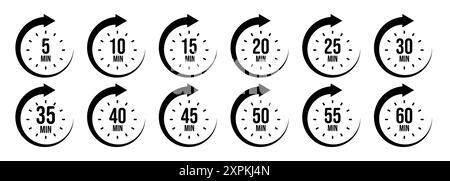 Icônes de chronomètre avec flèche de pointeur. Chronomètre, compteur de temps avec cadran. Compte à rebours, heures et minutes. Délai, mesure sportive. Temps de cuisson Illustration de Vecteur