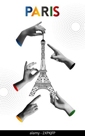 Les mains humaines tiennent la tour Eiffel dans le collage demi-ton rétro illustration vectorielle de médias mixtes. Concept pour Paris 2024, Jeux Olympiques, travail d’équipe, ensemble Illustration de Vecteur