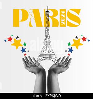 Les mains humaines tiennent la tour Eiffel dans le collage demi-ton rétro illustration vectorielle de médias mixtes. Concept pour Paris 2024, Jeux Olympiques, voyages en europe et Illustration de Vecteur