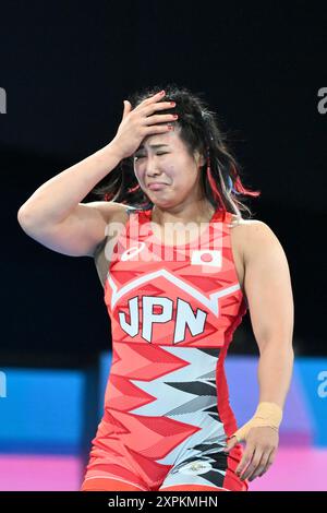 OZAKI Nonoka Japan (JPN), OBORUDUDU Blessing (NIR), match féminin de la médaille de bronze de la lutte Freesyle 68kg au champ-de-mars Arena, lors des Jeux Olympiques de Paris 2024, 6 août 2024, Paris, France. Crédit : Enrico Calderoni/AFLO SPORT/Alamy Live News Banque D'Images