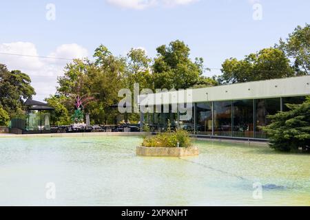 Restaurant moderne avec terrasse donnant sur un étang tranquille par une journée ensoleillée Banque D'Images