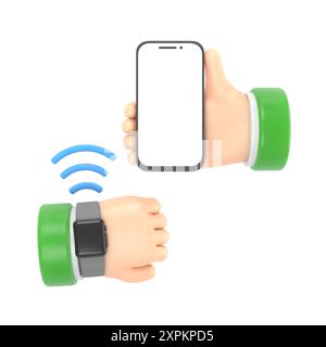 Icône de geste de dessin animé Mockup.3d icône montre intelligente nfc connectée au téléphone. Bras de dessin animé utilisant la connexion wifi sur le geste d'horloge de montre-bracelet, rendu 3D sur Banque D'Images