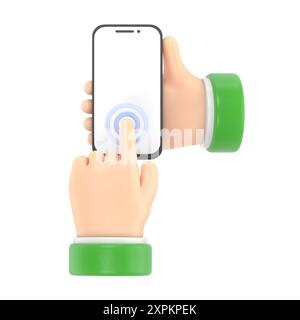 Icône de geste de dessin animé Mockup.3d peau noire main tactile smartphone. Icône de dessin animé ou maquette de l'utilisation du téléphone portable, rendu 3D sur fond blanc. Banque D'Images