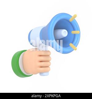 Icône de geste de dessin animé Mockup.3d main tenant l'icône réaliste de mégaphone jaune, rendu 3D sur fond blanc. Banque D'Images
