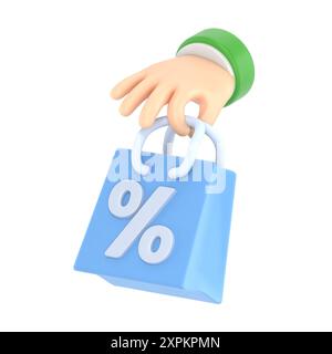Cartoon Gesture icône Mockup.3d vente, main tenant l'icône de sac à provisions. Concept d'escompte, rendu 3D sur fond blanc. Banque D'Images