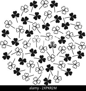 Feuilles de trèfle noir et blanc en forme de cercle. Abstarct fond rond monochrome Shamrocks. Isolé. Vector cartes de voeux, affiche, bannière, brochure, prix, label ou web, concept de design promo Illustration de Vecteur