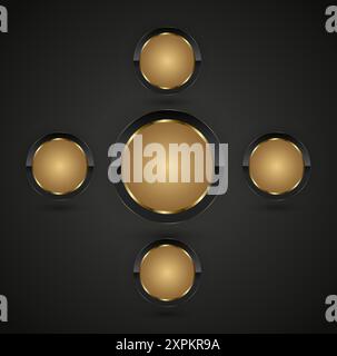 Anneau de cercle doré en métal brillant de luxe réaliste sur isolé sur fond noir. Bouton de cercle premium dans l'illustration vectorielle de cadre d'or rond Illustration de Vecteur